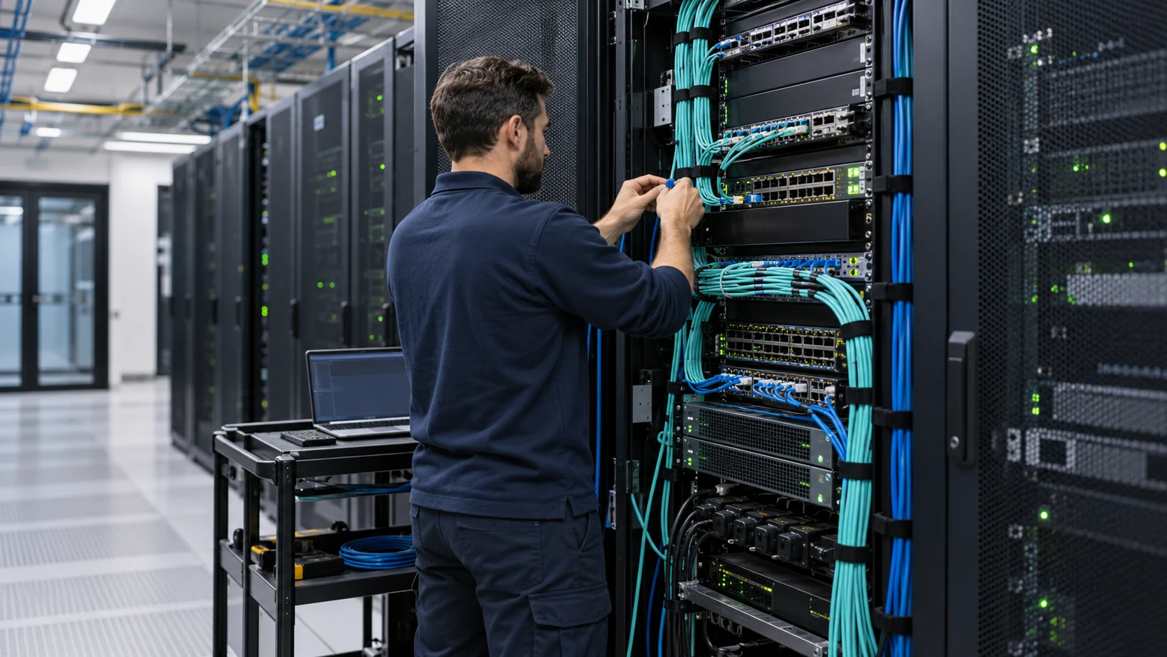 Illustrative engineer inspecting network equipment